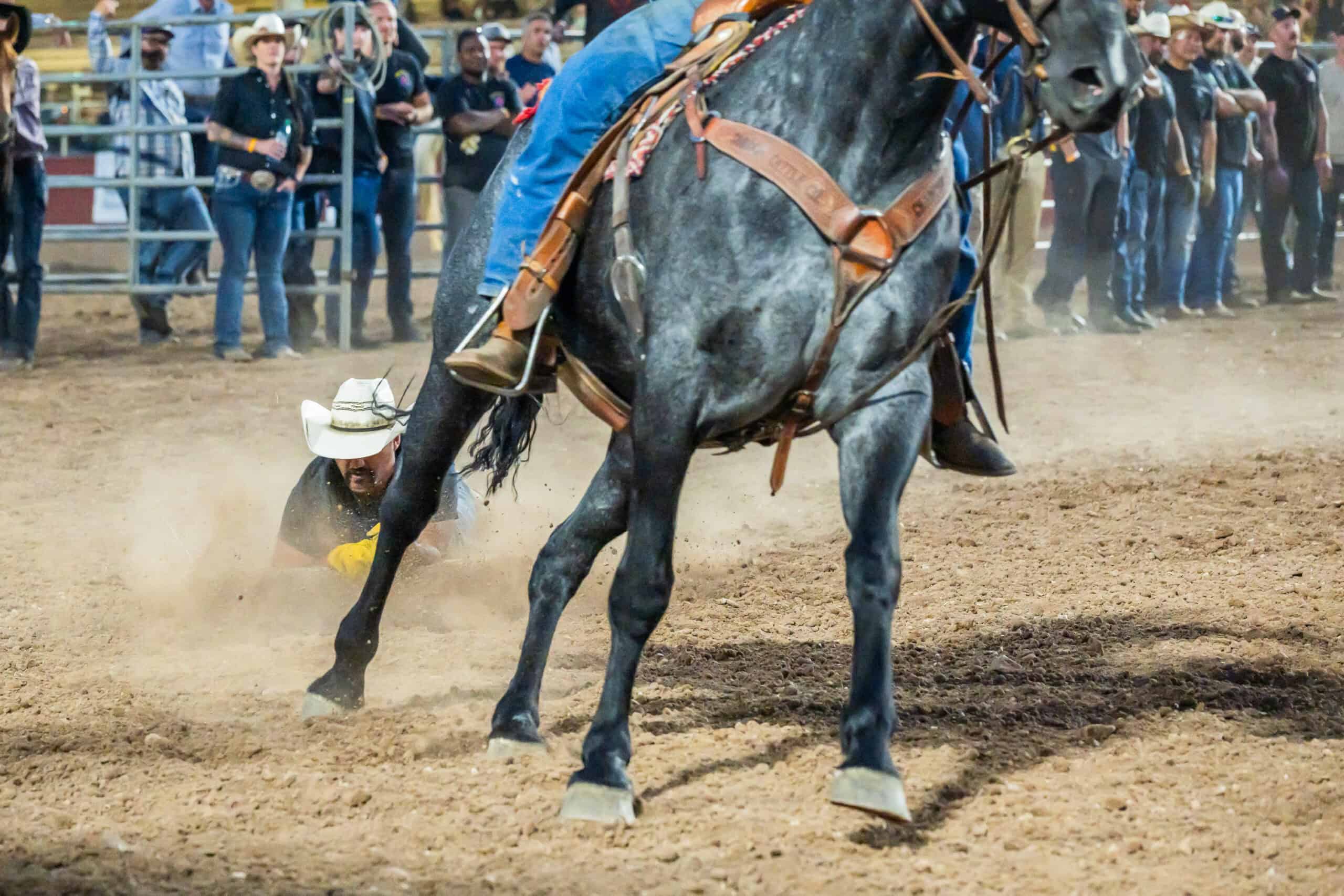Deputy on a carpet being dragged behind a horse.